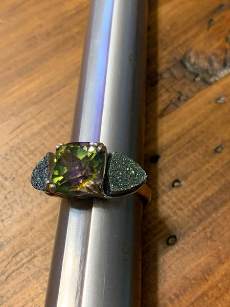 Size 8 Sterling Silver Ring w/Gorgeous Green Stone and Forest Green Druzies-- Egyptus Occulus: Pyramid Triad of Wealth
