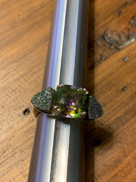 Size 8 Sterling Silver Ring w/Gorgeous Green Stone and Forest Green Druzies-- Egyptus Occulus: Pyramid Triad of Wealth