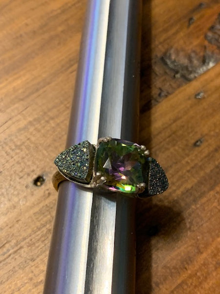 Size 8 Sterling Silver Ring w/Gorgeous Green Stone and Forest Green Druzies-- Egyptus Occulus: Pyramid Triad of Wealth