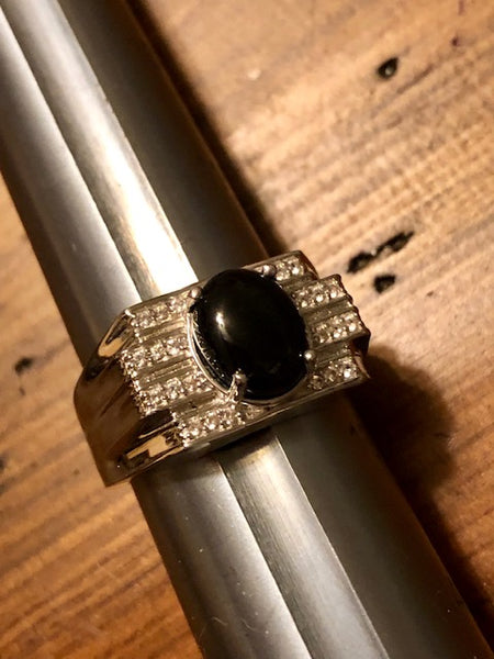 The Magical Treatise of Solomon, Ring, SZ 12, Platinum Over Sterling, Black Jade