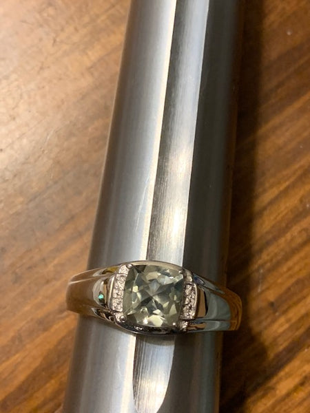 Size 5 1/4 Ring, Green Stone, Silver-toned Band, Intricate Details:  Wealth of the Etruscan Kings