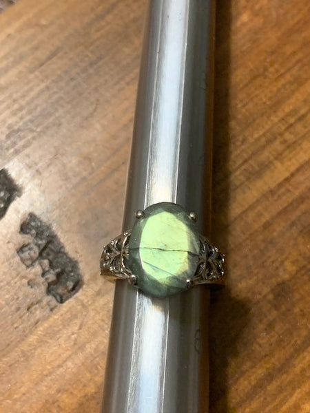 Size 5 1/4 Ring, Green Stone, Silver-toned Band, Intricate Details:  Wealth of the Etruscan Kings