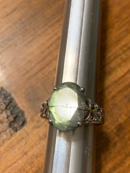 Size 5 1/4 Ring, Green Stone, Silver-toned Band, Intricate Details:  Wealth of the Etruscan Kings