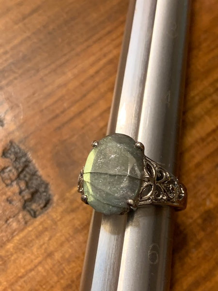 Size 5 1/4 Ring, Green Stone, Silver-toned Band, Intricate Details:  Wealth of the Etruscan Kings