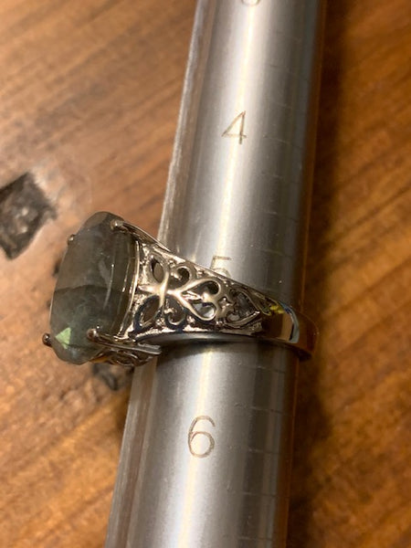 Size 5 1/4 Ring, Green Stone, Silver-toned Band, Intricate Details:  Wealth of the Etruscan Kings