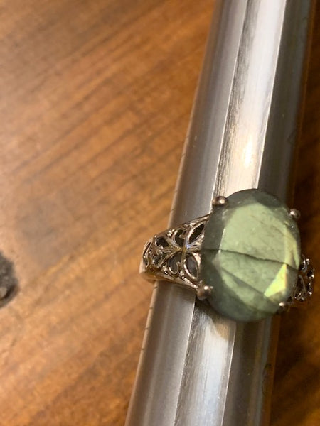 Size 5 1/4 Ring, Green Stone, Silver-toned Band, Intricate Details:  Wealth of the Etruscan Kings