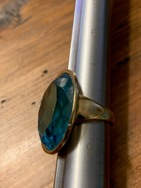 Size 8 Golden Costume Ring w/a Gorgeous Blue Stone:  Pools of Atlantis