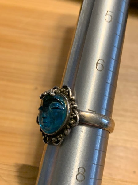 Size 7 Sterling Ring w/a Gorgeous Atlantic Blue Moon Face-- Papa Luna and the 12 Spirits of the Voodoo Moons