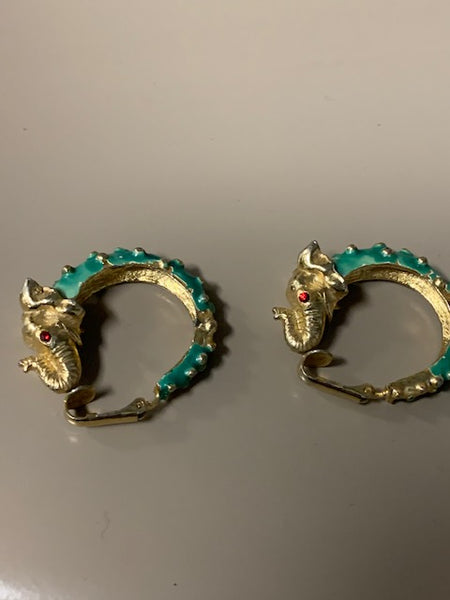 Mint Condition  Vintage Green and Costume Elephant Earrings and Red Rhinestones:  Hindu Wealth-ephants