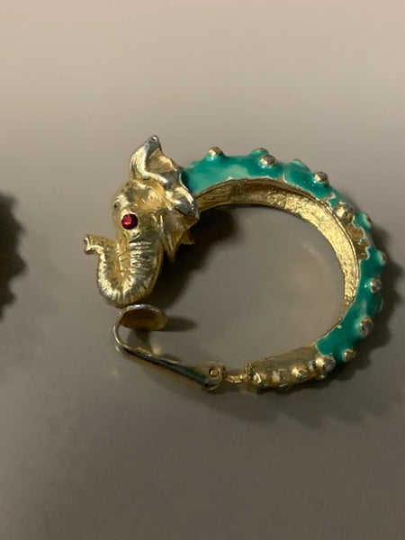 Mint Condition  Vintage Green and Costume Elephant Earrings and Red Rhinestones:  Hindu Wealth-ephants