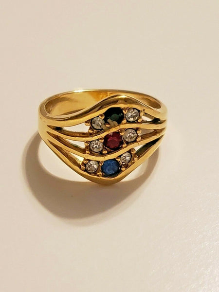 Size 8 Gold-tone Ring with Red, Blue, Gree, and Clear Stones:  Powerful White Light Angelic Summoner