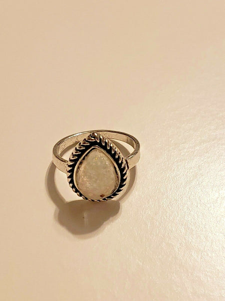 Size 5 1/2 Silver-tone Ring with Milky/Pearlescent Tear Drop Stone:  Seed of Angels From the Cave of Treasures