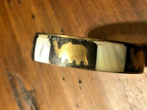 Vintage Mother of Pearl and Brass Elephant Bracelet:  Trunks Up For Good Luck and a Happy Life