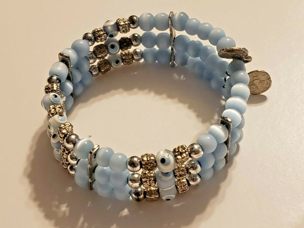 Triple Evil Eye Bracelet with Blue Beads:  Voodoo All-Purpose White Light Protection